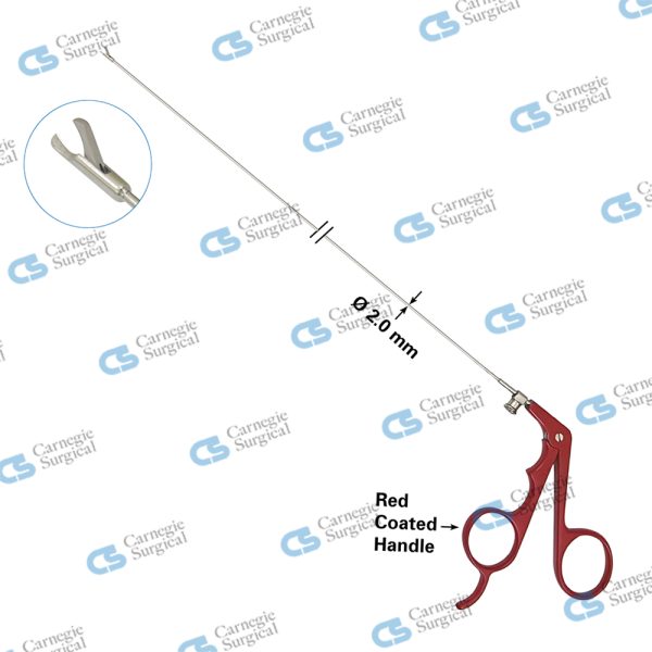 Hook Blade Scissors With crocodile style single action jaws, luer lock flush port, extra long with red coated handle Hook Blade Scissors With crocodile style single action jaws, luer lock flush port, extra long with red coated handle